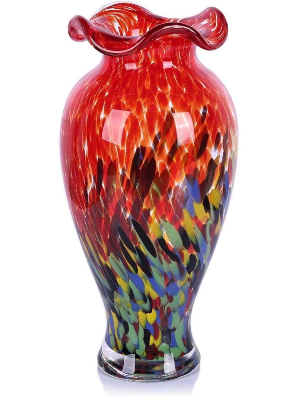 Colorful Hand Blown Glass Vase, Ruffled Scalloped Rim, Large Decorative